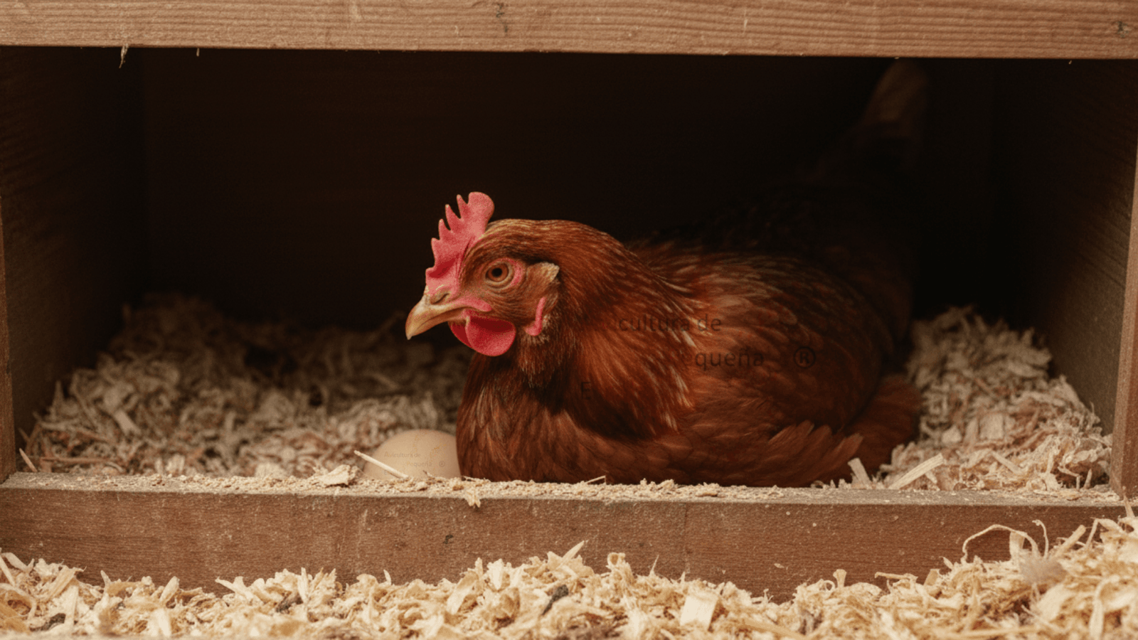 Gallina cómoda en un nido limpio y seco