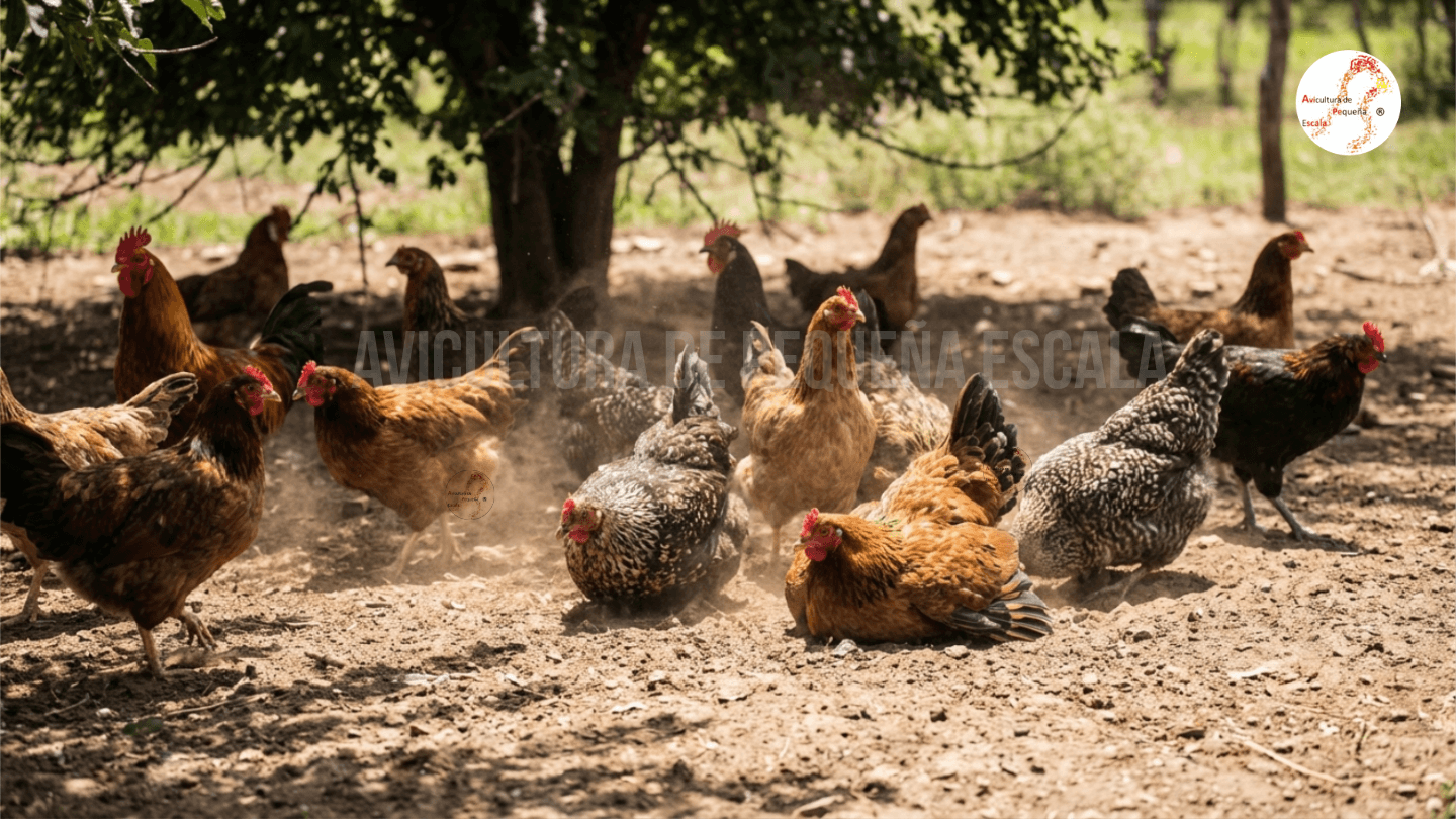 Gallinas dándose un baño de tierra